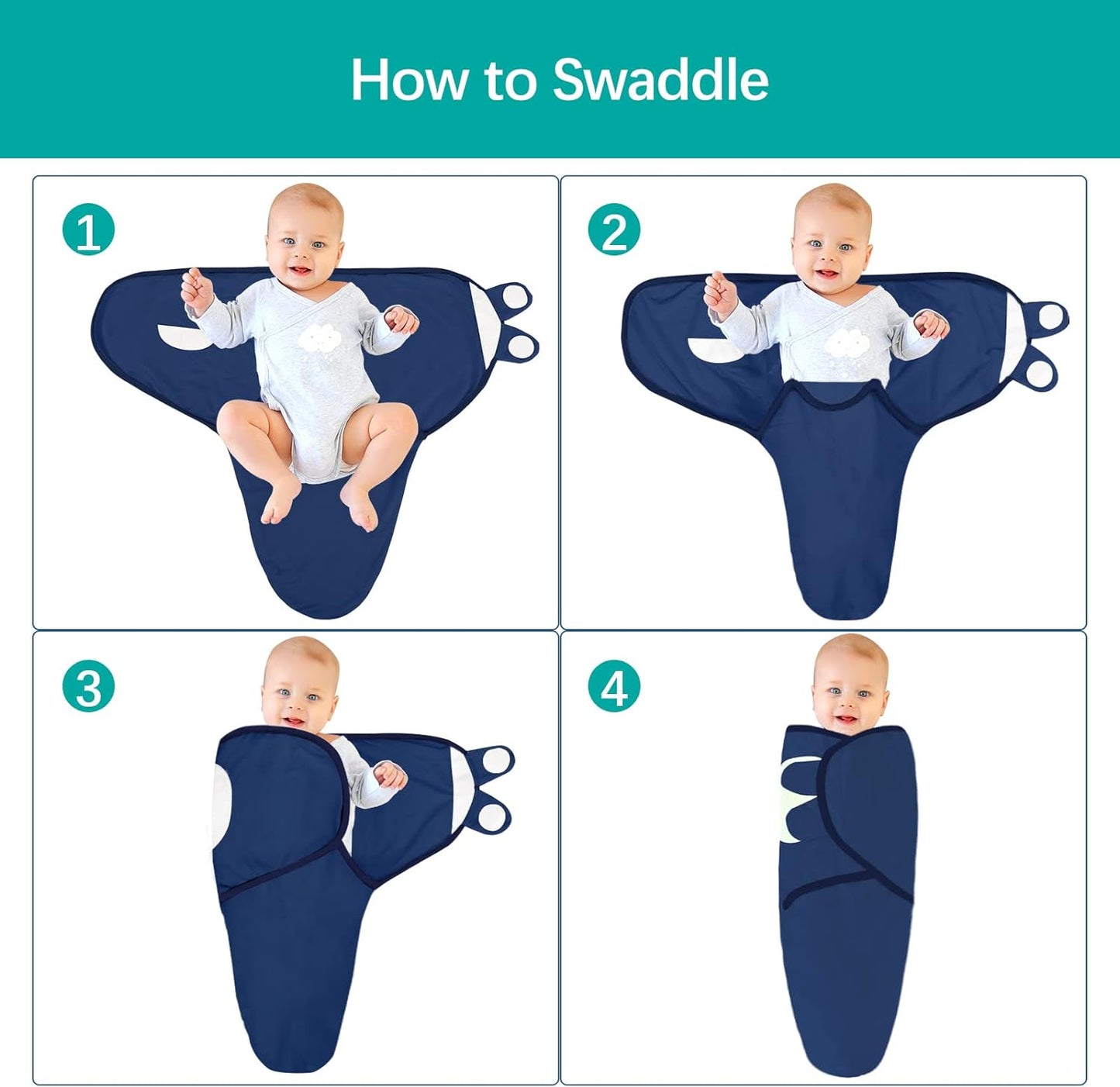 Baby Swaddles - for Newborn 0-3 Months, 4 Pack, 100% Organic Cotton, Grey & Navy