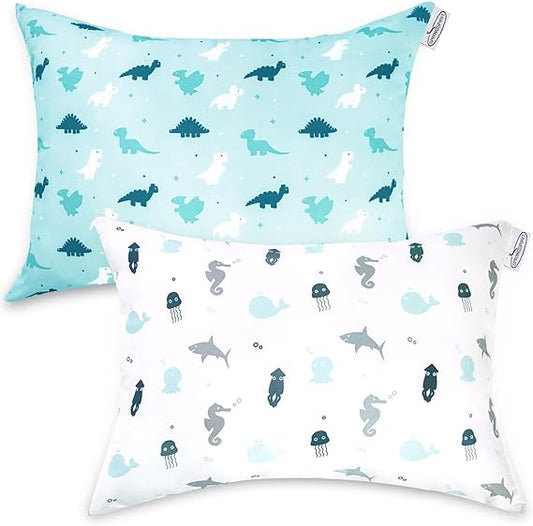 Toddler Pillow - 2 Pack, 14" x 19", Multi-Use, Soft & Skin-Friendly, Blue Dinosaur & White Ocean - Biloban Online Store