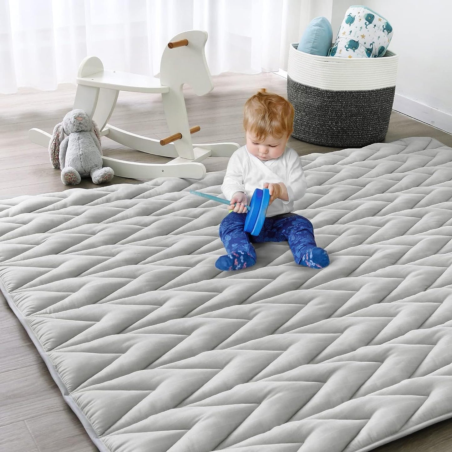 Muslin Baby Play Mat | Playpen Mat - 72'' x 59'', Large Padded Tummy Time Activity Mat for Infant & Toddler, Perfect fit for dearlomum& MARLBSIDE& CONMIXC& ANGELBLISS Baby Playpen, Grey - Biloban Online Store