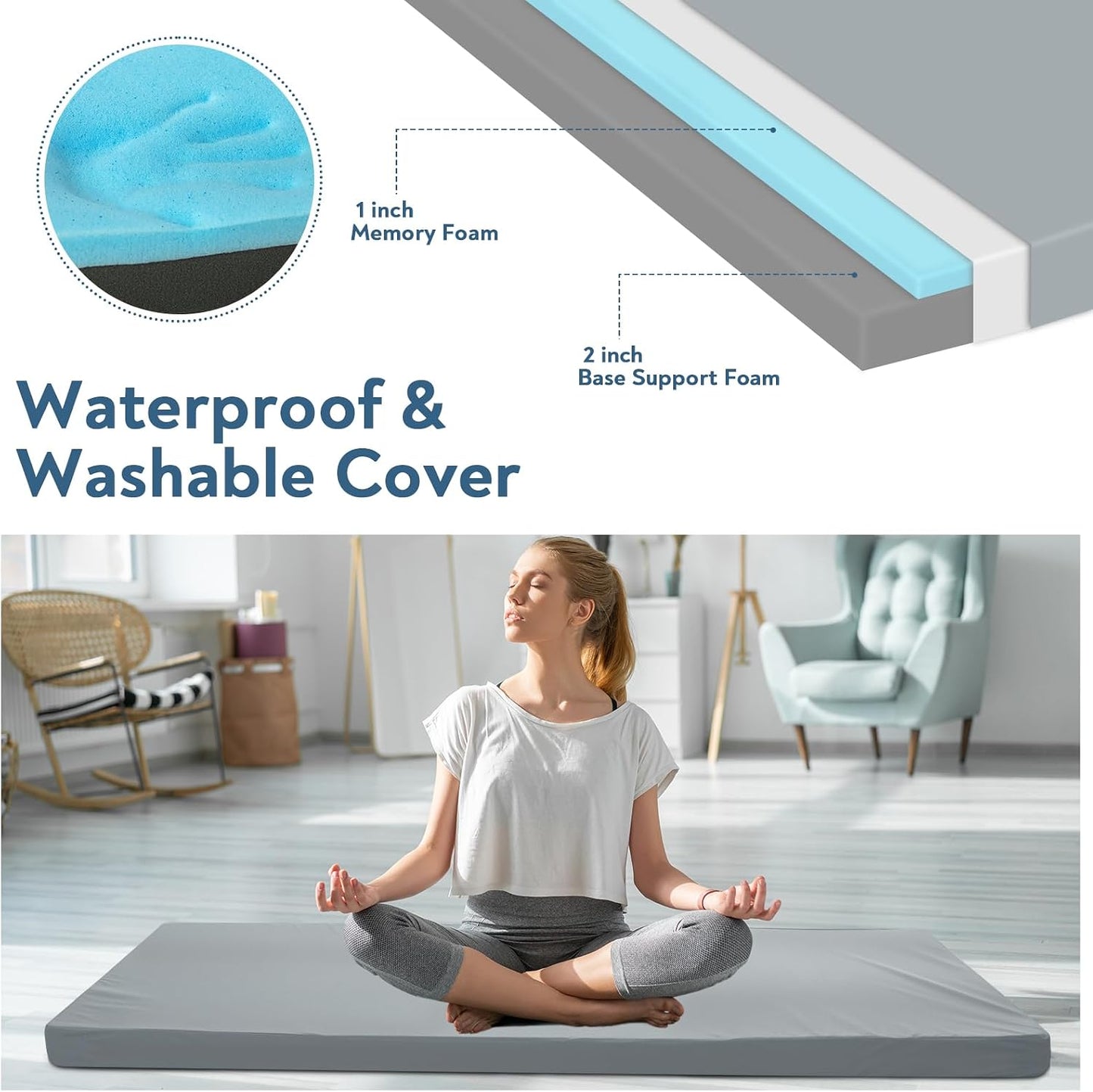 Memory Foam Camping Cot Pad, 3 Inch Sleeping Pad with Waterproof Cover
