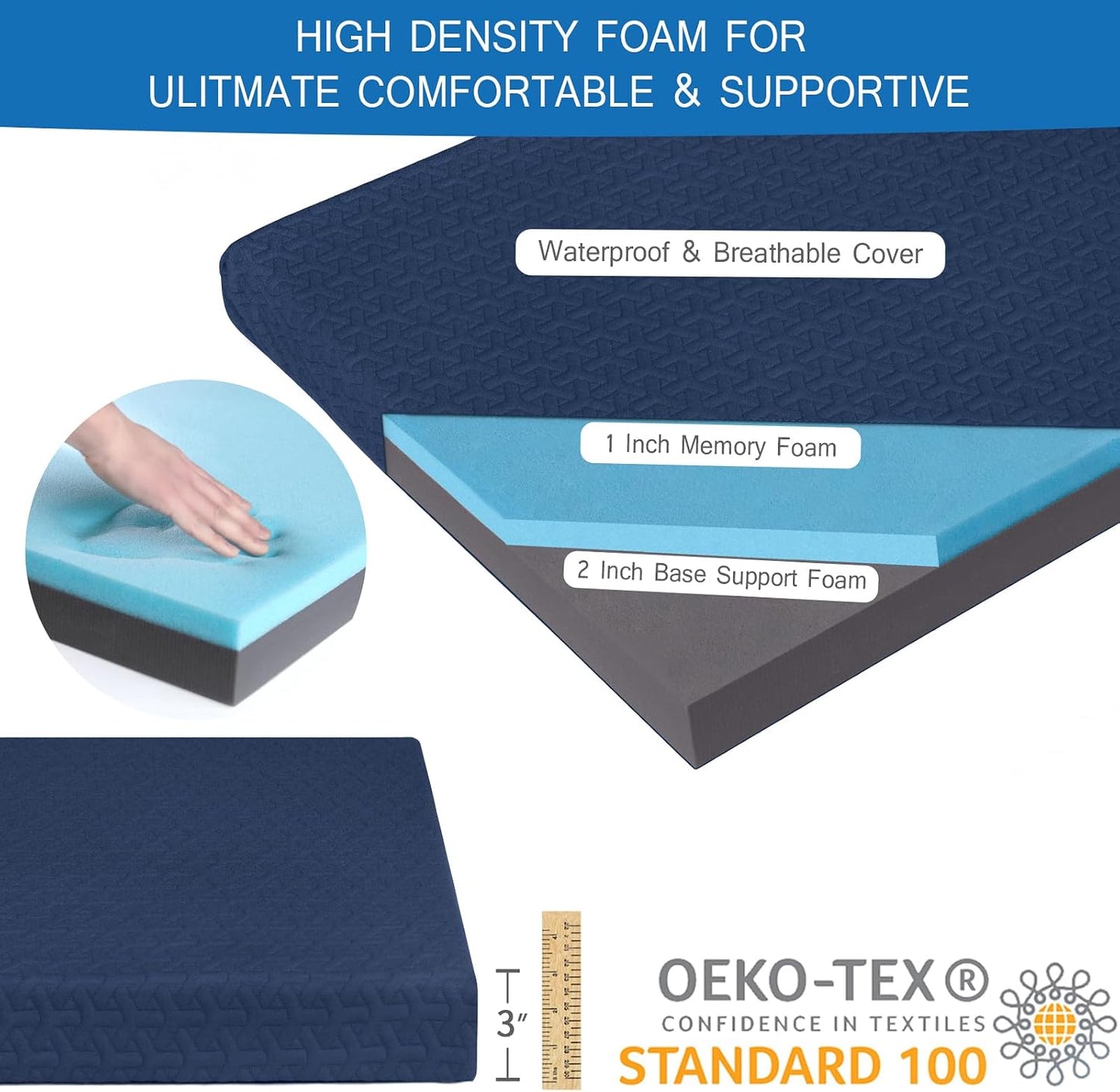 Memory Foam Camping Mattress Pad 3 Inch Thick, Portable Sleeping Pad with Waterproof Cover Navy