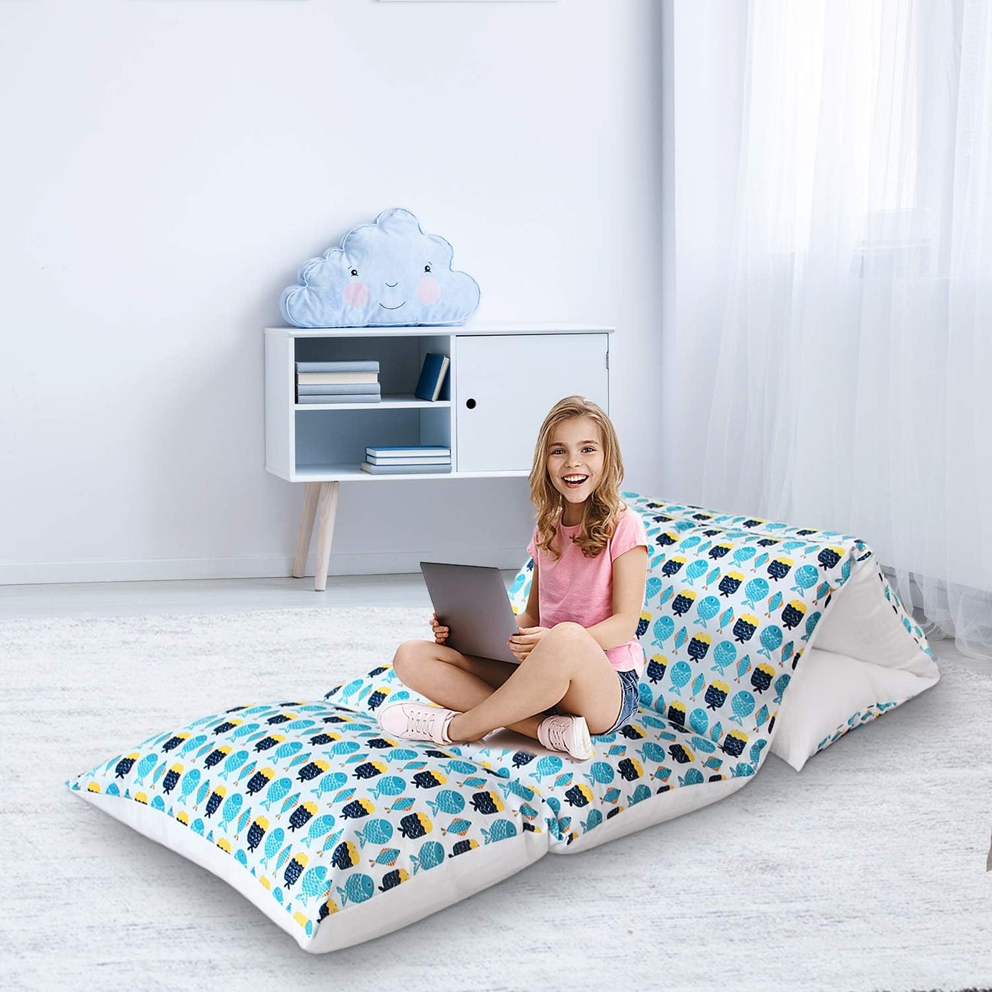 Kids Pillow Bed Floor Lounger Cover, Non-Slip and Super Soft, Queen/King Size, Fish - Biloban Online Store