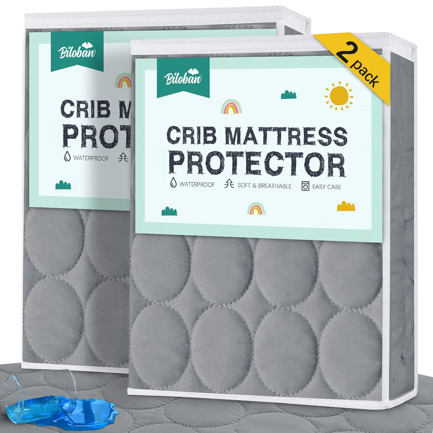 Crib Mattress Protector/ Pad Cover - 2 Pack, Quilted Microfiber, Waterproof (for Standard Crib/ Toddler Bed), Grey - Biloban Online Store