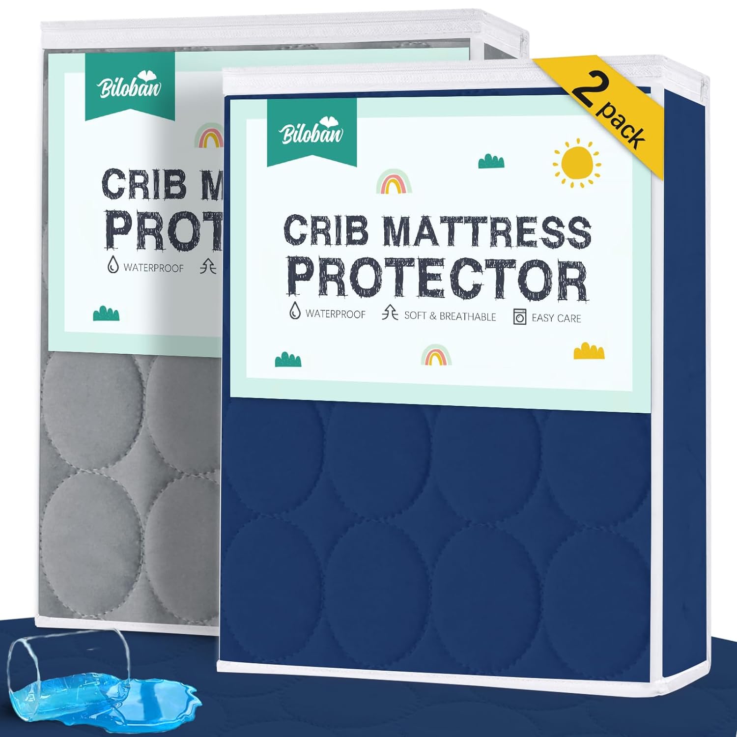 Crib Mattress Protector/ Pad Cover - 2 Pack, Quilted Microfiber, Waterproof (for Standard Crib/ Toddler Bed), Grey & Navy - Biloban Online Store