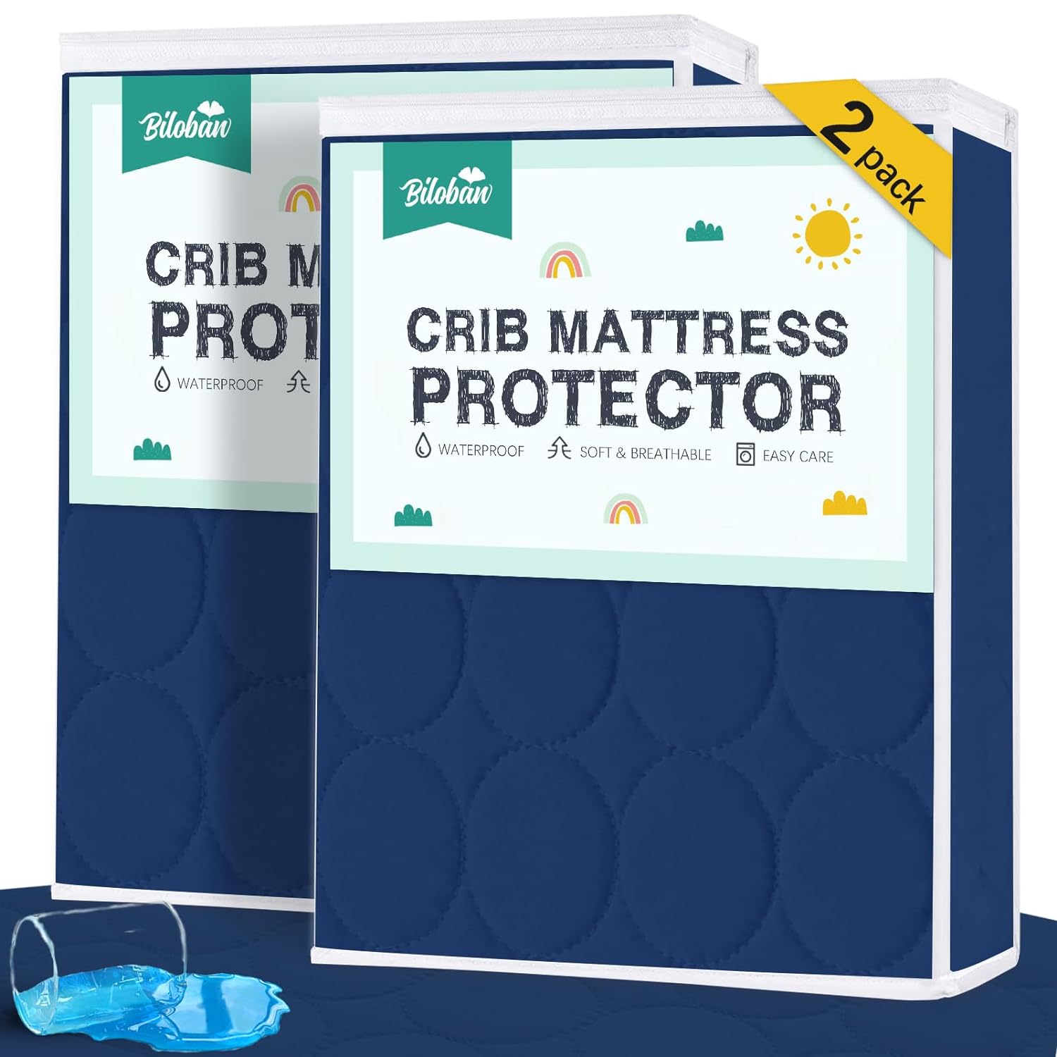 Crib Mattress Protector/ Pad Cover - 2 Pack, Quilted Microfiber, Waterproof (for Standard Crib/ Toddler Bed), Navy - Biloban Online Store