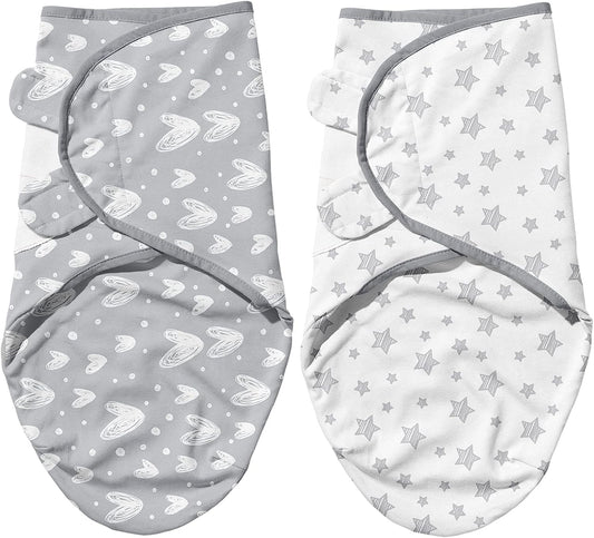Baby Swaddles - for Newborn 0-3 Months, 2 Pack, 100% Organic Cotton, Grey Heart & White Star - Biloban Online Store