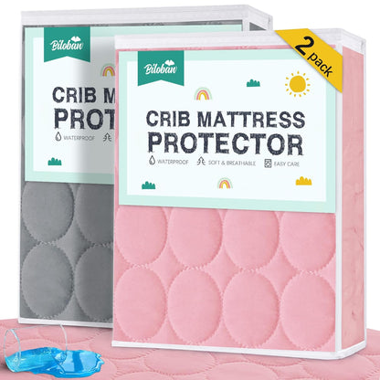 Crib Mattress Protector/ Pad Cover - 2 Pack, Quilted Microfiber, Waterproof (for Standard Crib/ Toddler Bed), Grey & Pink - Biloban Online Store
