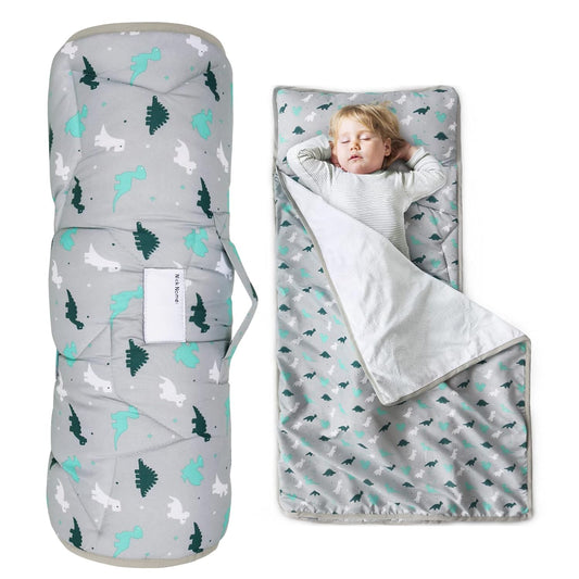 Toddler Nap Mat with Pillow and Blanket 50" x 21", Nap Mat for Boys Girls Super Soft and Cozy, Kids Sleeping Bag for Preschool, Daycare, Toddler Sleeping Bag, Grey Dinosaur - Biloban Online Store