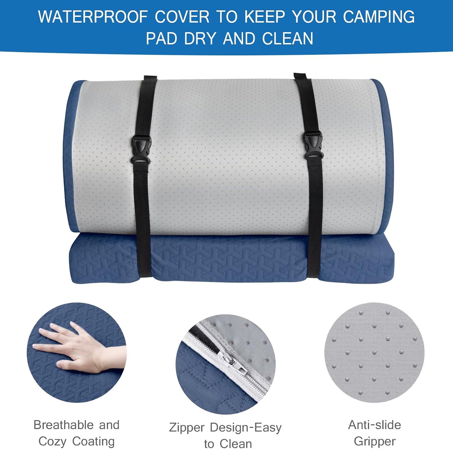 Memory Foam Camping Mattress Pad 3 Inch Thick, Portable Sleeping Pad with Waterproof Cover Navy