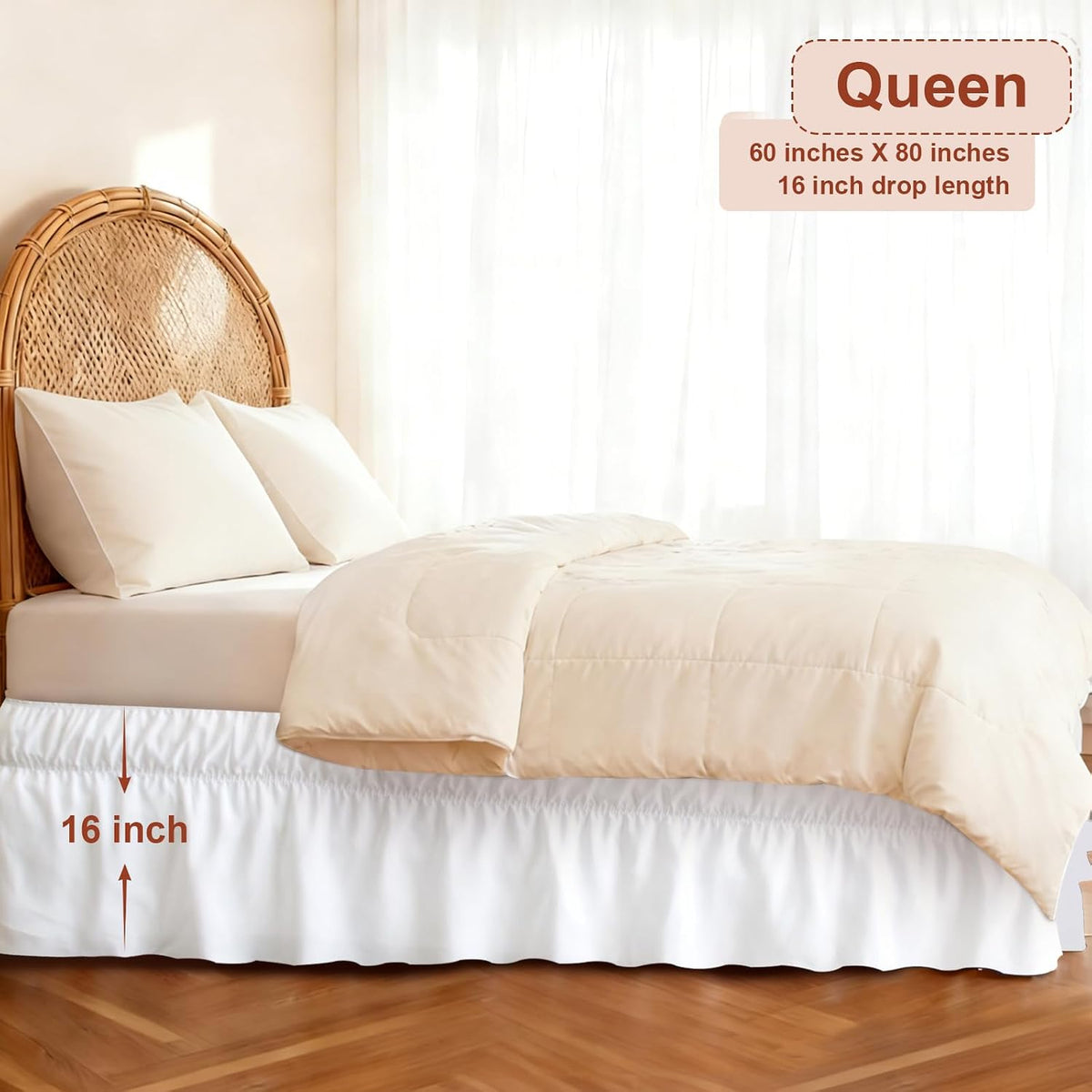 Wrap Around Bed Skirt with Elastic Strap, 16 Inch Drop Scalloped Dust Ruffle, Soft Microfiber