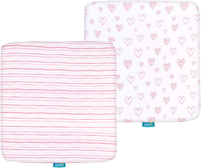 Square Pack n Play Fitted Sheets - 100% Jersey Cotton, Perfect for 36" X 36" Portable Playard, Pink & White, 2 Pack - Biloban Online Store