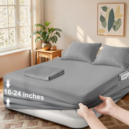 Deep Pocket Sheets Queen Sheet Sets for Air Mattress with Pocket on Side, 4 Piece Sheet Set Queen Size Extra Deep Pocket up to 24’’, Grey