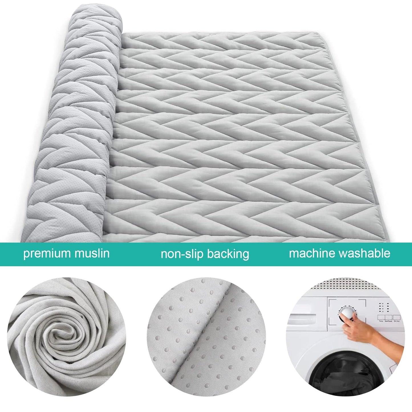 Muslin Baby Play Mat | Playpen Mat - 72'' x 59'', Large Padded Tummy Time Activity Mat for Infant & Toddler, Grey