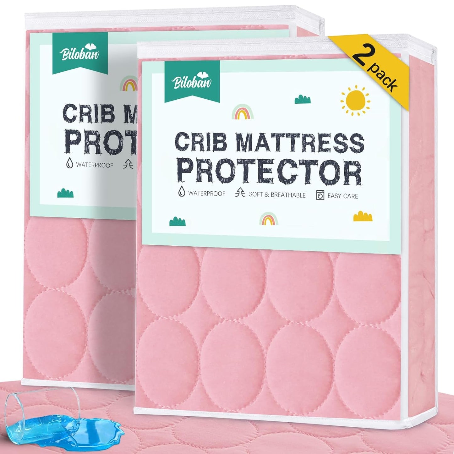 Crib Mattress Protector/ Pad Cover - 2 Pack, Quilted Microfiber, Waterproof (for Standard Crib/ Toddler Bed), Pink - Biloban Online Store