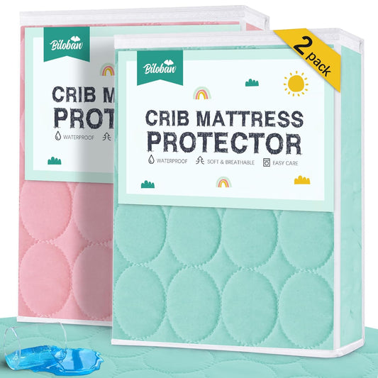 Crib Mattress Protector/ Pad Cover - 2 Pack, Quilted Microfiber, Waterproof, Aqua & Pink (for Standard Crib/ Toddler Bed) - Biloban Online Store