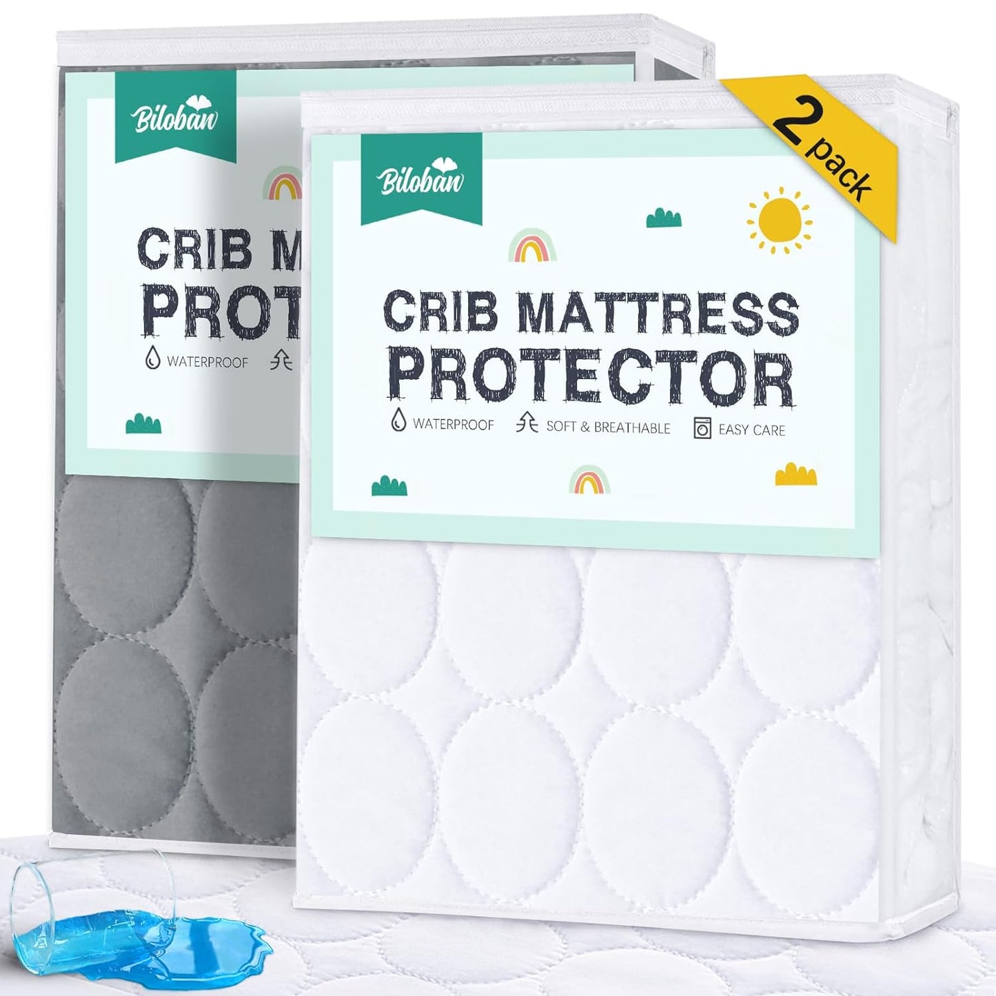 Crib Mattress Protector/ Pad Cover - 2 Pack, Quilted Microfiber, Waterproof (for Standard Crib/ Toddler Bed), Grey & White - Biloban Online Store