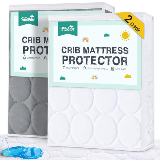 Crib Mattress Protector/ Pad Cover - 2 Pack, Quilted Microfiber, Waterproof, Grey & White (for Standard Crib/ Toddler Bed) - Biloban Online Store