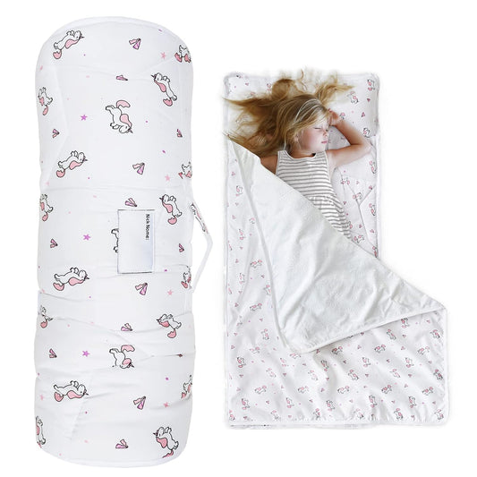 Toddler Nap Mat with Pillow and Blanket 50" x 21", Nap Mat for Boys Girls Super Soft and Cozy, Kids Sleeping Bag for Preschool, Daycare, Toddler Sleeping Bag, White Horse - Biloban Online Store