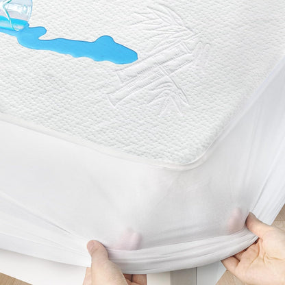 Waterproof Bamboo Mattress Protector, Cooling 3D Air Fabric, Noiseless & Breathable Mattress Pad Cover Fitted Up to 14" Depth