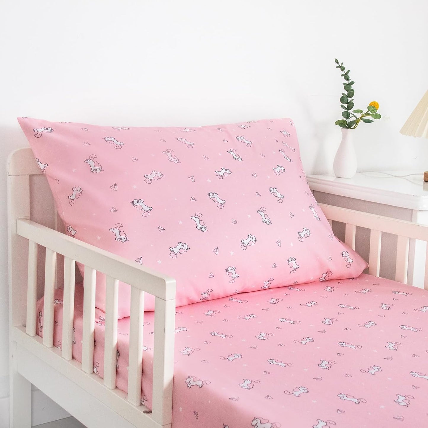 Toddler Bedding Set - 2 Pieces, Includes a Crib Fitted Sheet and Envelope Pillowcase, Soft and Breathable, Pink Horse - Biloban Online Store