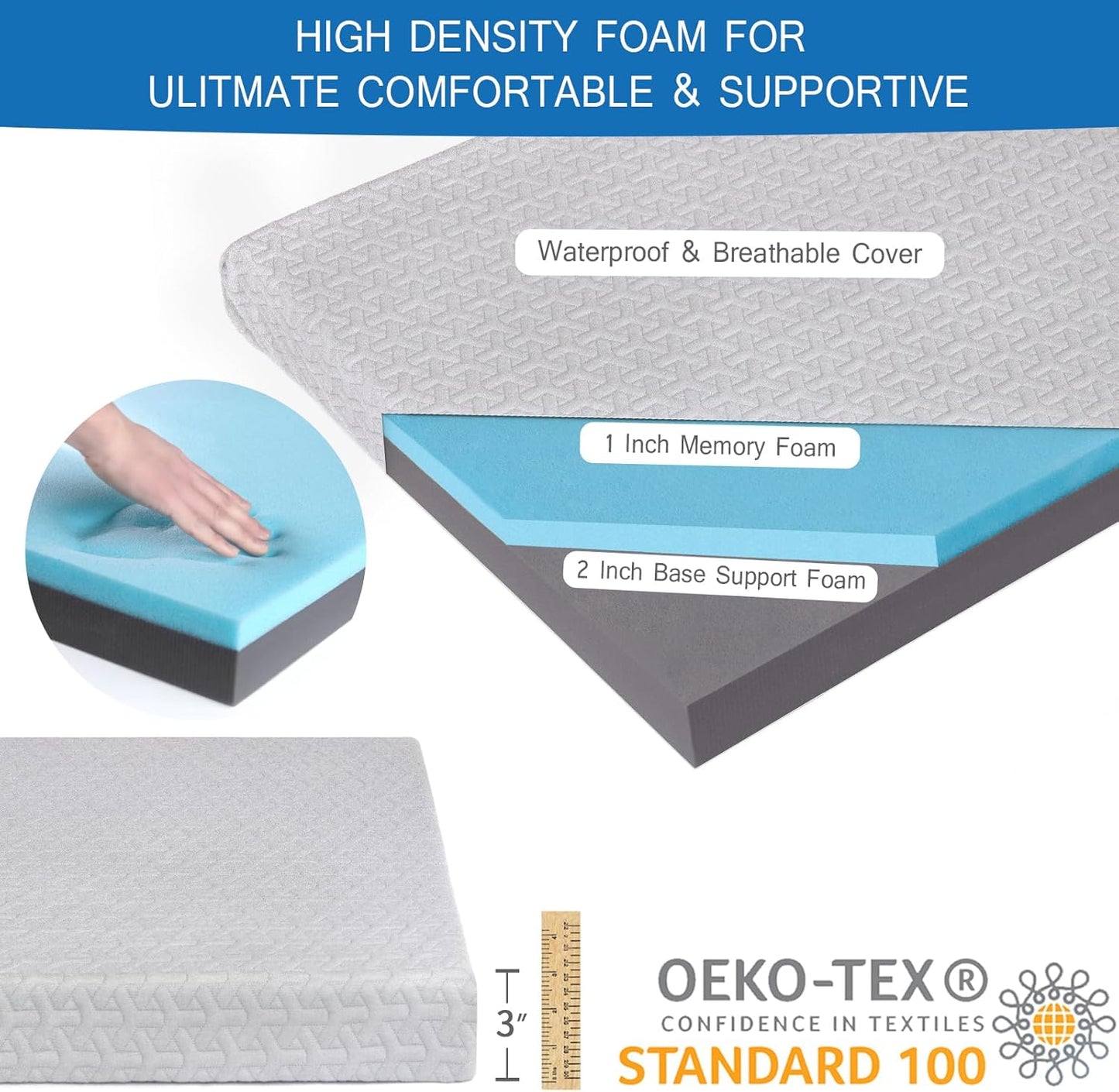 Memory Foam Camping Mattress Pad 3 Inch Thick, Portable Sleeping Pad with Waterproof Cover