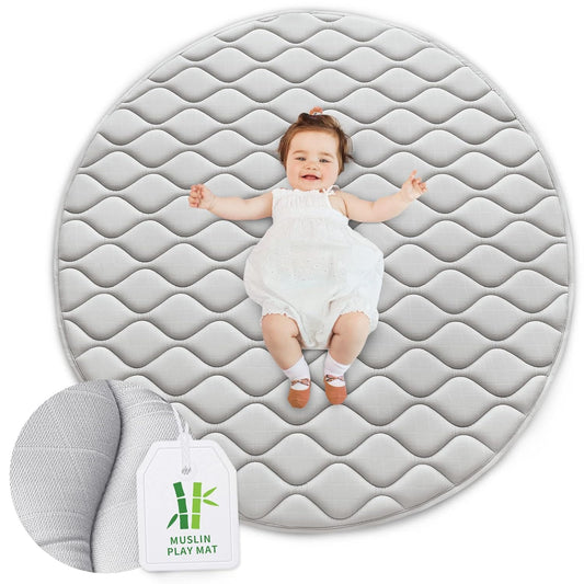 Muslin Baby Play Mat - Round 40'' x 40'', Padded Tummy Time Activity Mat for Infant & Toddler, Intricate Wave Quilted, Grey - Biloban Online Store