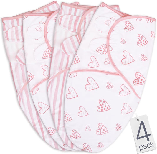 Baby Swaddles - for Newborn 0-3 Months, 4 Pack, 100% Organic Cotton, Pink Heart & Stripe - Biloban Online Store