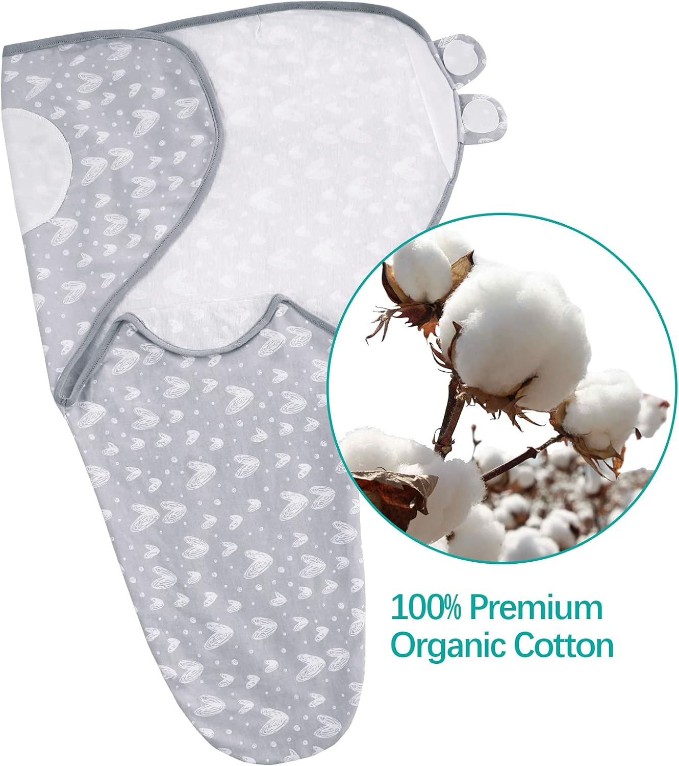 Baby Swaddles - for Newborn 0-3 Months, 4 Pack, 100% Organic Cotton, Grey Heart & White Star