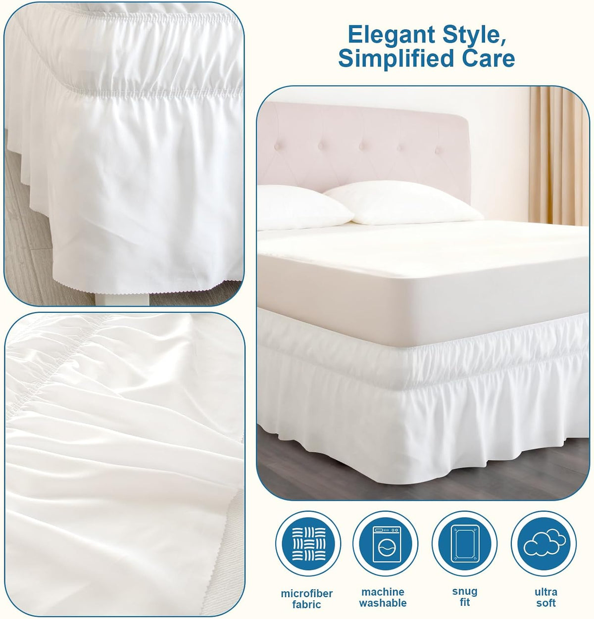 Wrap Around Bed Skirt with Elastic Strap, 16 Inch Drop Scalloped Dust Ruffle, Soft Microfiber