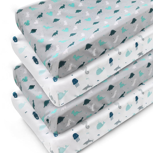 Changing Pad Cover - 4 Pack, Ultra-Soft Microfiber, Comfy & Breathable, Grey Dinosaur & White Ocean - Biloban Online Store