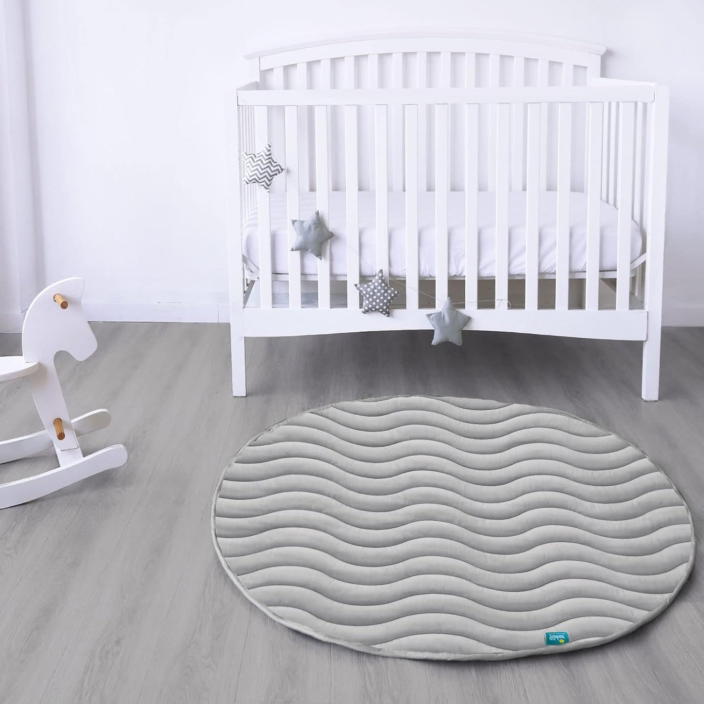 Muslin Baby Play Mat - Round 47'' x 47'', Padded Tummy Time Activity Mat for Infant & Toddler, Intricate Wave Quilted, Grey