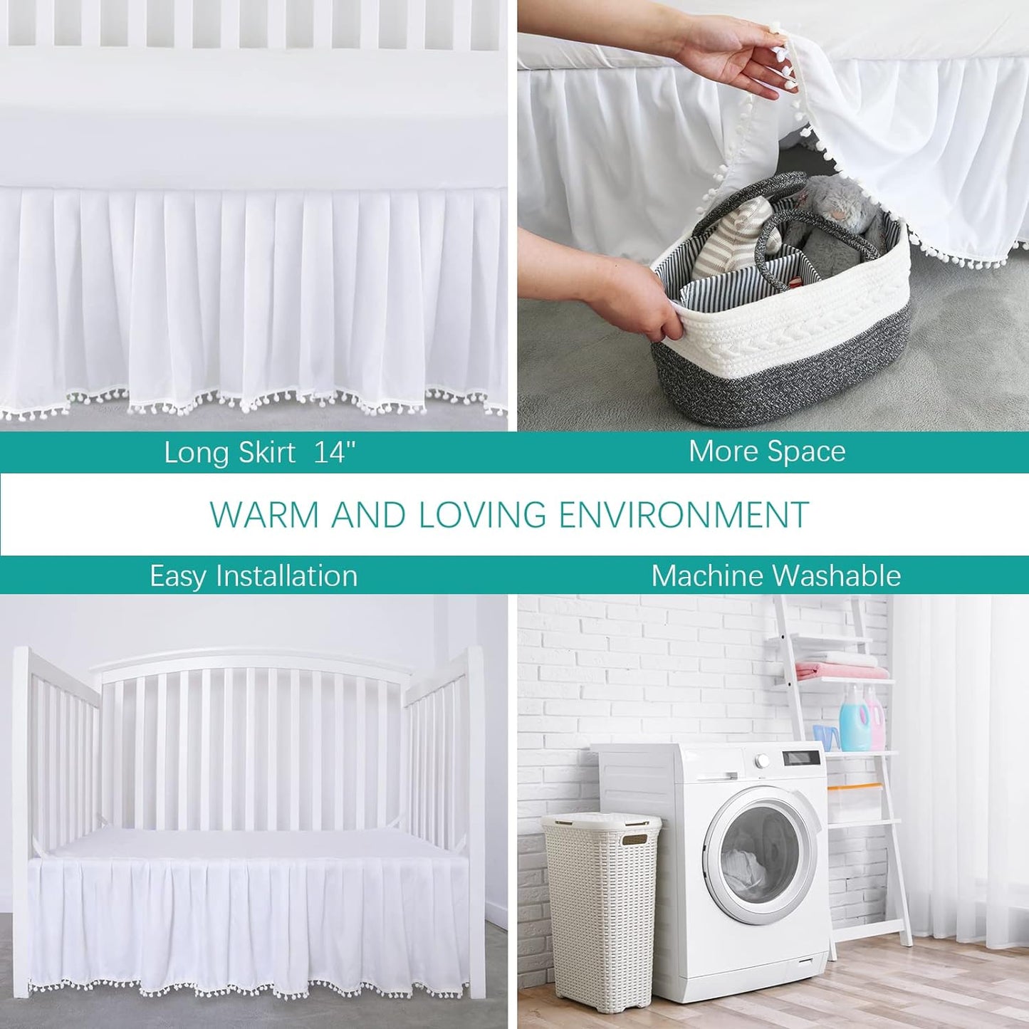 Crib Skirt - Dust Ruffle with Lovely Pompoms, 14" Drop, White (for Standard Crib/ Toddler Bed) - Biloban Online Store