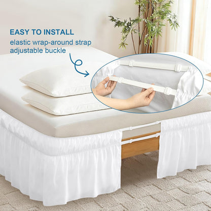 Wrap Around Bed Skirt with Elastic Strap, 16 Inch Drop Scalloped Dust Ruffle, Soft Microfiber