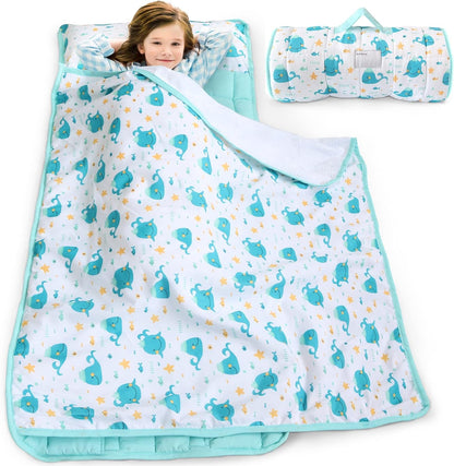 Toddler Nap Mat with Pillow and Blanket, Blue Lightweight Kids Nap Mats for Preschool Daycare, Travel Sleeping Bag for Boys Girls, 50" x 21" Fit Standard Cot, Super Soft and Cozy, Blue Whale - Biloban Online Store