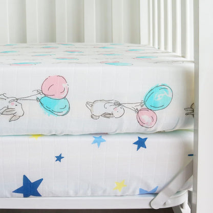 Bamboo Muslin Crib Sheets - 2 Pack, Ultra Soft and Breathable, Star & Bunny (for Standard Crib/ Toddler Bed)