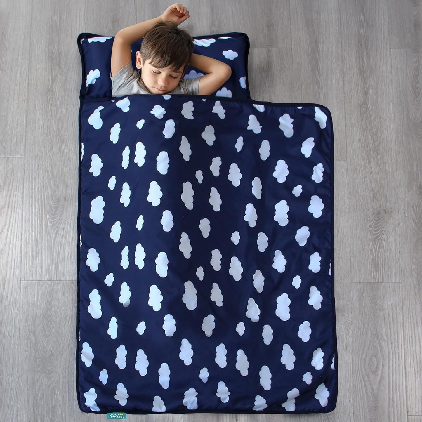 Toddler Nap Mat with Removable Pillow and Blanket, Lightweight Kids Nap Mats for Preschool Daycare, Travel Sleeping Bag for Boys Girls, 50" x 21" Fit Standard Cot, Super Soft and Cozy, Navy Cloud - Biloban Online Store