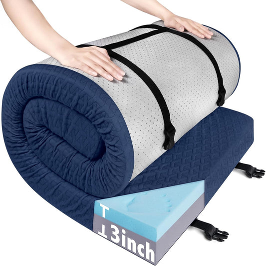 Memory Foam Camping Mattress Pad 3 Inch Thick, Portable Sleeping Pad with Waterproof Cover Navy