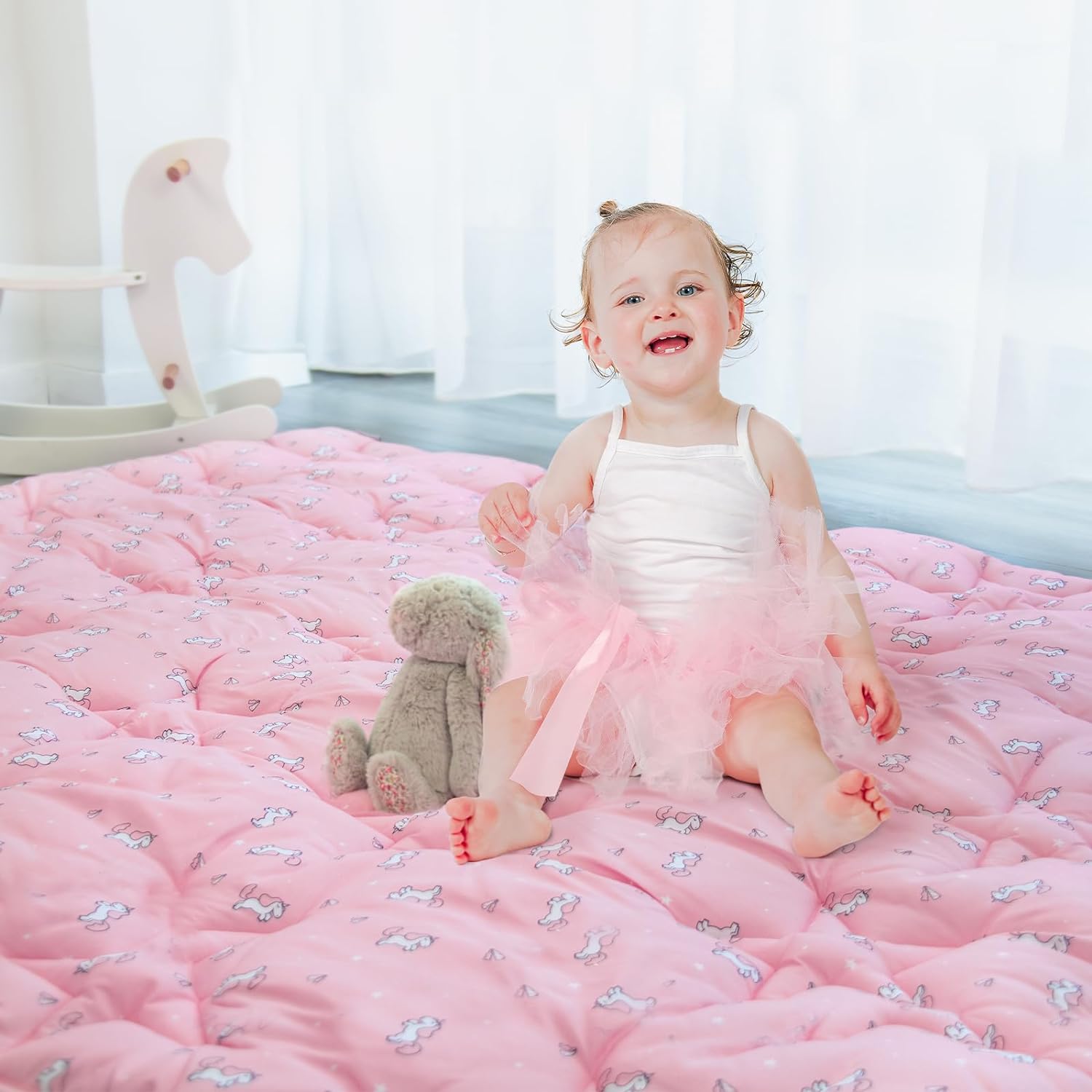 Baby Play Mat | Playpen Mat - Square 50'' x 50'', Thicker Padded Tummy Time Activity Mat for Infant & Toddler, Perfect fit for TODALE& LIAMST& Dripex& Tmsene& Suposeu& ANGELBLISS& Fanbufan Baby Playpen, Pink Horse - Biloban Online Store