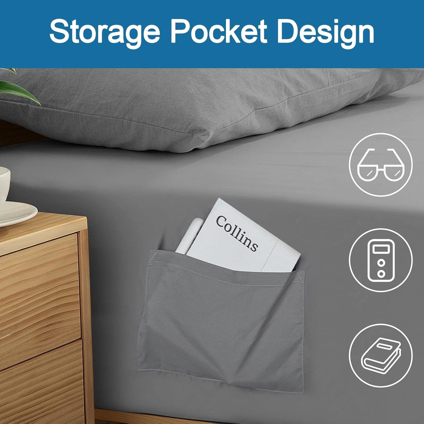 Deep Pocket Sheets Queen Sheet Sets for Air Mattress with Pocket on Side, 4 Piece Sheet Set Queen Size Extra Deep Pocket up to 24’’, Grey