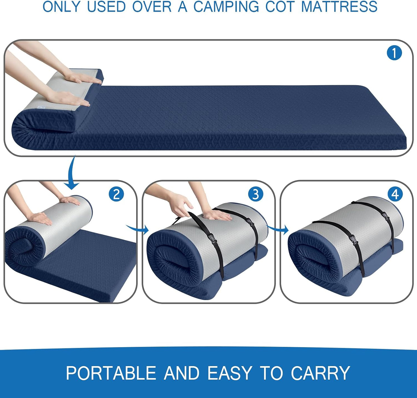 Memory Foam Camping Mattress Pad 3 Inch Thick, Portable Sleeping Pad with Waterproof Cover Navy