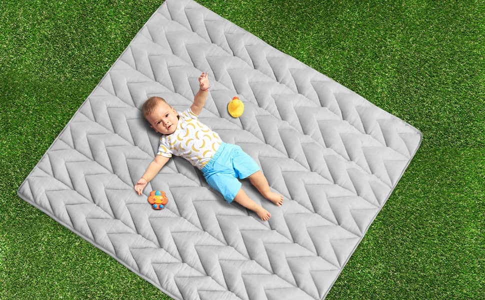 Muslin Baby Play Mat | Playpen Mat - 72'' x 59'', Large Padded Tummy Time Activity Mat for Infant & Toddler, Grey