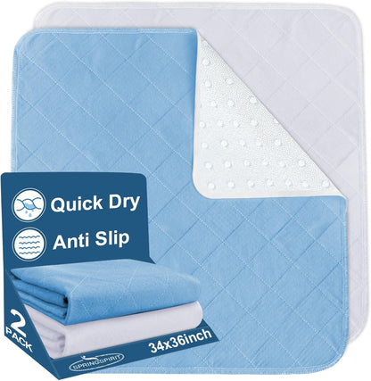 Washable Reusable Bed Pad/ Mat - 34" x 36", 2 Pack, Incontinence Underpads, Waterproof Chuck Pads, Sheet Protector with Non-slip Back for Adults, Elderly, Kids and Pets, Machine Washable