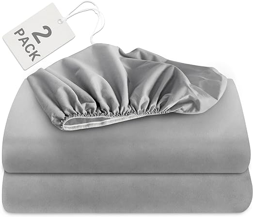 Twin Size Fitted Sheets 2 Pack with Deep Pocket Up to 14", Shrinkage & Stain Resistant & Wrinkle Free, Grey - Biloban Online Store