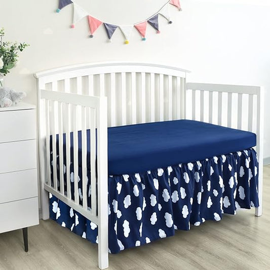 Crib Skirt - Dust Ruffle, Elastic Adjustable Fit, Easy On/Off, 14" Drop, Navy Cloud (for Standard Crib/ Toddler Bed) - Biloban Online Store