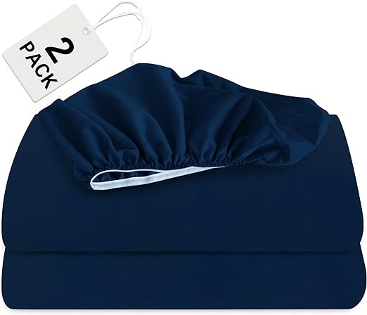 Twin Size Fitted Sheets 2 Pack with Deep Pocket Up to 14", Shrinkage & Stain Resistant & Wrinkle Free, Navy - Biloban Online Store