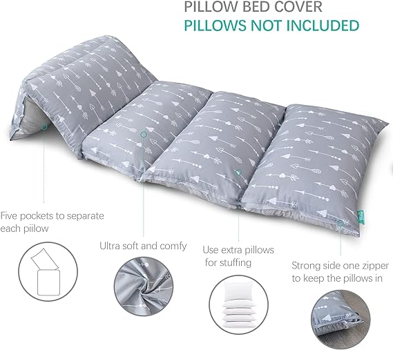 Kids Pillow Bed Floor Lounger Cover, Non-Slip and Super Soft, Queen/King Size, Grey Arrow