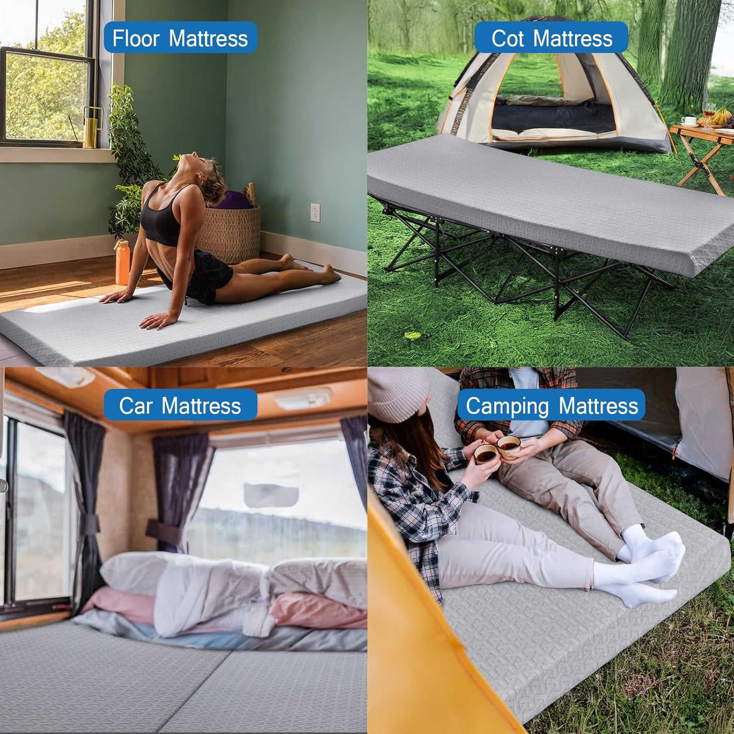 Memory Foam Camping Mattress Pad 3 Inch Thick, Portable Sleeping Pad with Waterproof Cover