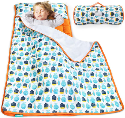 Toddler Nap Mat with Pillow and Fleece Blanket, Super Soft & Warm Kids Nap Mats for Preschool Daycare, Portable Travel Sleeping Bag for Toddlers (Quilted Improved Thickness), Fish - Biloban Online Store