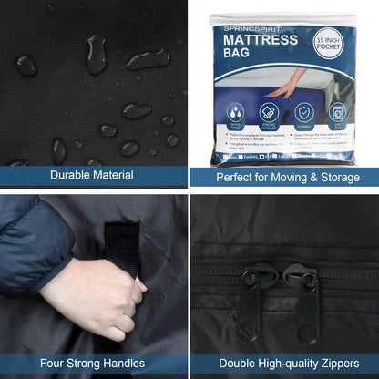 Waterproof Mattress Bags for Moving Storage with Double Zippers & Strong Handles, Reusable Thick Tarp, Black