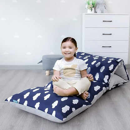 Kids Pillow Bed Floor Lounger Cover, Non-Slip and Super Soft, Queen Size, Navy Cloud